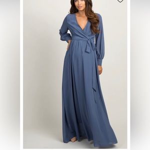 Blue Chiffon Long Sleeve Pleated Maxi Dress maternity friendly